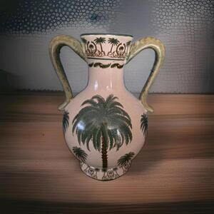 Palm Tree Motiff 11x9" Large Chinese Vase A04 Nice Green On Beige Wide Opening